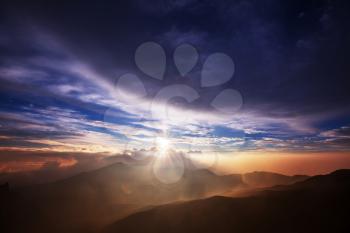 Beautiful sunrise scene  on  Haleakala volcano, Maui island, Hawaii