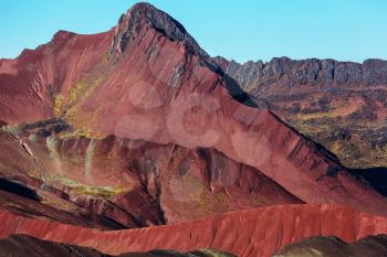 Hiking scene in Vinicunca, Cusco Region, Peru. Montana de Siete Colores,  Rainbow Mountain.