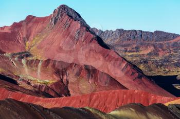 Hiking scene in Vinicunca, Cusco Region, Peru. Montana de Siete Colores,  Rainbow Mountain.