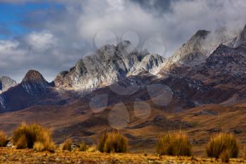 Landscape of snow high mountain in the Andes, near Huaraz, Peru