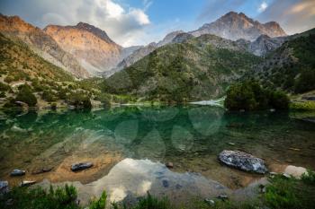 Beautiful serene lake in  Fann mountains (branch of Pamir) in Tajikistan.