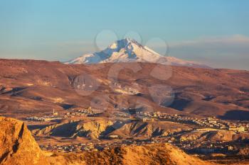 Snow covered peak of Mt.Erciyes view from Cappadocia, Goreme, Turkey