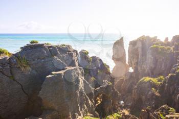 Punakaki Pancake Rocks in Paparoa National Park, West Coast, South Island, New Zealand . Beautiful natural landscapes