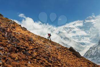 Hiker in Himalayas mountain. Nepal