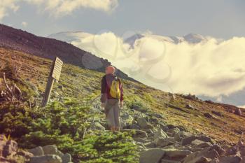 Backpacker in the summer mountains