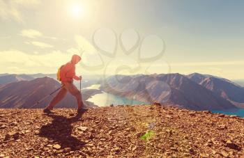 Hiking man in the mountains