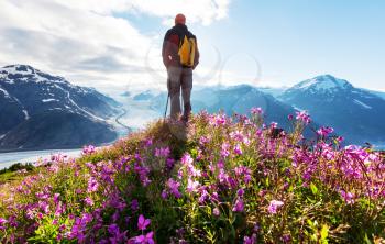 Hiking man in the mountains