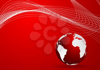 Red background with globe and waves. Vector design