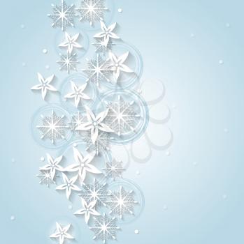Light blue Christmas background with winter flowers and snowflakes. Vector background