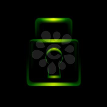 Green glowing lock symbol icon. Vector design