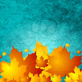 Autumn maple leaves on turquoise grunge wall texture. Vector card background