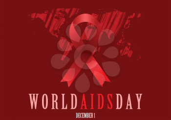 World Aids Day with red ribbon and grunge map. Vector background