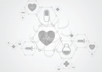Health grey tech background and medical icons. Vector science design
