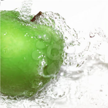 Green fresh apple with water splash. Gradient vector mesh