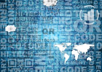 Blue abstract tech background with words and world map. Vector graphic design