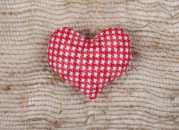 Red white Valentine fabric heart on sackcloth