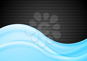 Blue abstract smooth waves on black striped texture background. Vector wavy corporate design