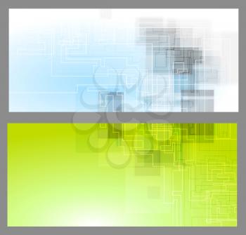 Abstract tech geometric bright banners. Vector graphic blue and green design with squares