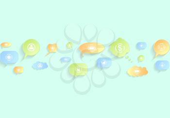 Abstract social communication background. Bright business icons on speech bubbles. Vector design illustration