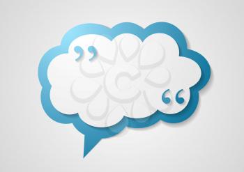 Blue cloud speech bubble with commas, quote abstract background. Vector dialog cloud graphic design