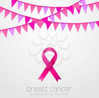 Breast cancer awareness month. Pink flags and ribbon design. Vector background