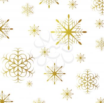 Golden glitter grunge snowflakes Christmas background. Vector greeting card design