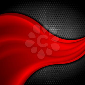 Soft red waves on metal perforated background. Vector tech graphic design