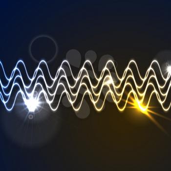 Glowing neon abstract waveform background with lens flares. Vector design