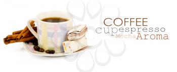 Coffee cup with sweets an cinnamon on white background