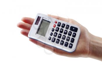 calculator with hand isolated on white background