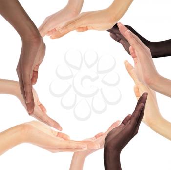 Conceptual symbol of multiracial human hands making a circle on white background with a copy space in the middle