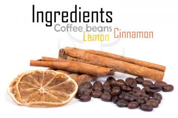 cinnamon, lemon and coffee beans isolated on white