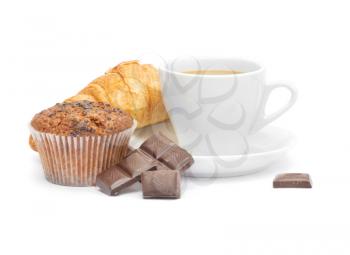 Coffee cup with croissant and chocolate
