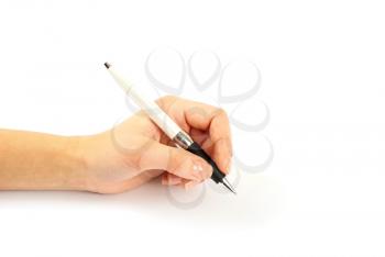 Closeup of a hand writing, on isolated on white background.