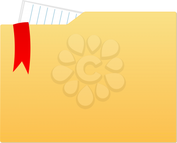Royalty Free Clipart Image of a File Folder With a Paper Inside and a Red Ribbon Hanging Over the Edge