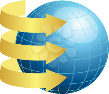 Royalty Free Clipart Image of Three Gold Arrows Around a Blue Globe