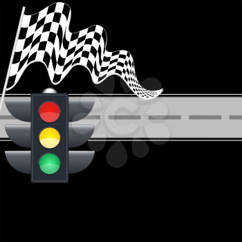 Traffic light with checkered flag and road