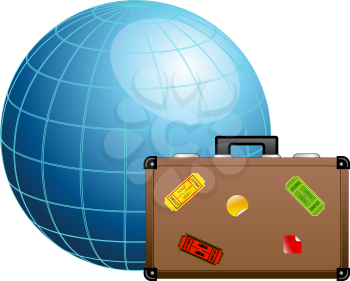 Travel concept. Blue globe and travel suitcase.