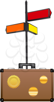 Street sign and travel suitcase. Tourism concept.