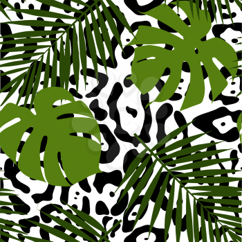 Tropical leaves and animal skin seamless pattern. Vector illustration. 