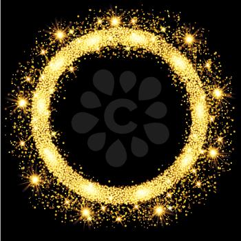 Gold glow glitter circle frame with stars. Vector illustration.