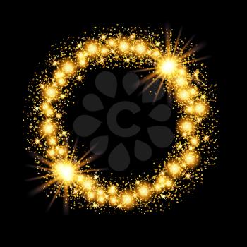 Gold glow glitter circle frame with stars on black background. Vector illustration.
