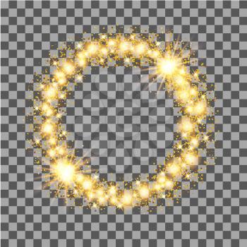 Gold glow glitter circle frame with stars on transparent background. Vector illustration.