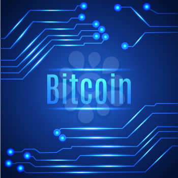 Blue bitcoin digital currency concept on circuit board. Vector illustration.