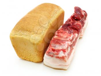 bread and the big piece of meat on a white background
