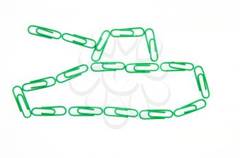 The tank from paper clips. On a white background