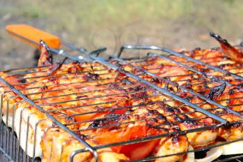 Chicken tasty wings are fried on barbecue grills on a fire.