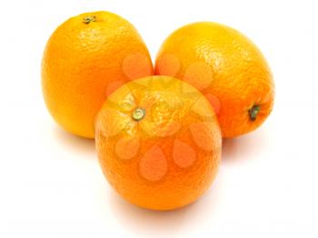 Three ripe oranges lie nearby on a white background