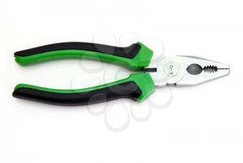 Flat-nose pliers with green handles and black strips on a white background