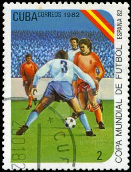 CUBA - CIRCA 1982: A post stamp printed in Cuba shows shows football, series devoted World Cup in Spain, circa 1982.